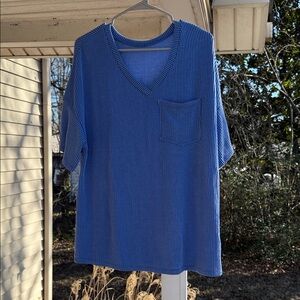 Blue V-Neck Ribbed Women's Top